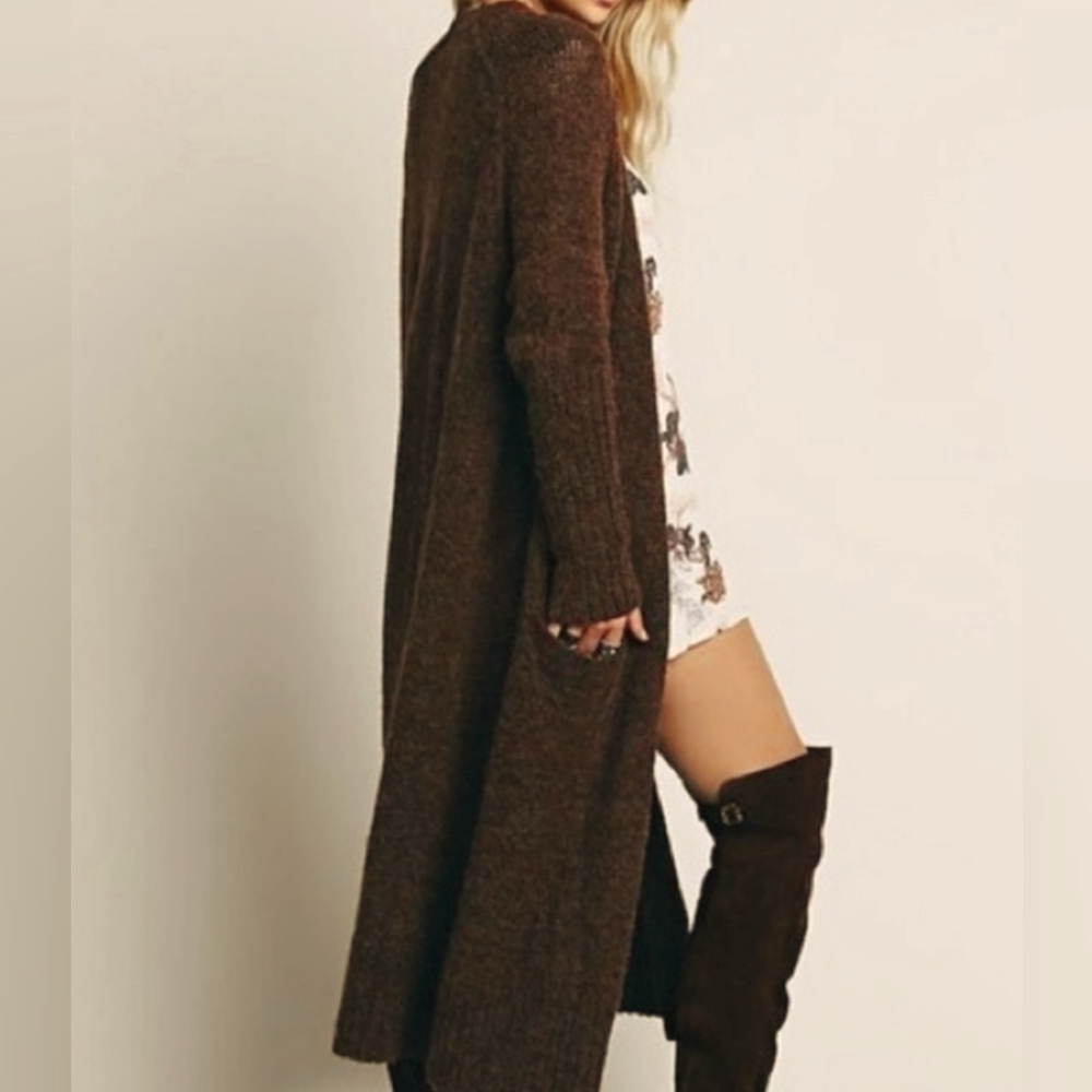 Free People Brown Santa Cruz Long Duster Alpaca Blend Open Cardigan Sweater